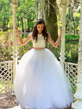 Two Piece Prom Dresses Off-the-shoulder A-line Floor-length Long White Prom Dress JKL751