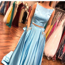 Two Piece Prom Dresses Bateau Rhinestone Satin A-line Long Prom Dress JKL753
