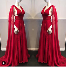 Red Prom Dresses A-line Sweep/Brush Train V-neck Beautiful Prom Dress Long Evening Dress JKL754