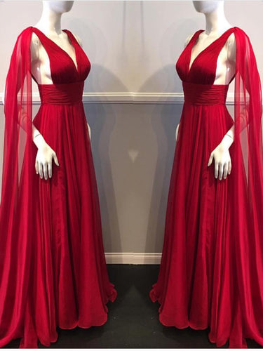 Red Prom Dresses A-line Sweep/Brush Train V-neck Beautiful Prom Dress Long Evening Dress JKL754