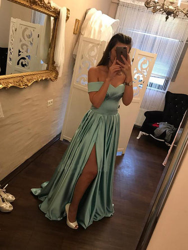 Simple Prom Dresses Off-the-shoulder Satin A-line Long Slit Prom Dress JKL759