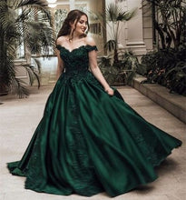 Ball Gown Prom Dresses Off-the-shoulder Appliques Long Chic Dark Green Prom Dress JKL761