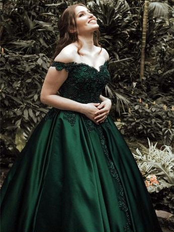Ball Gown Prom Dresses Off-the-shoulder Appliques Long Chic Dark Green Prom Dress JKL761
