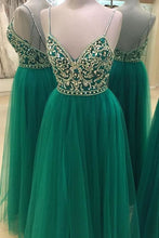 Chic Prom Dresses Spaghetti Straps A-line Rhinestone Long Tulle Prom Dress JKL763