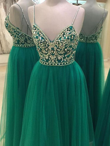 Chic Prom Dresses Spaghetti Straps A-line Rhinestone Long Tulle Prom Dress JKL763