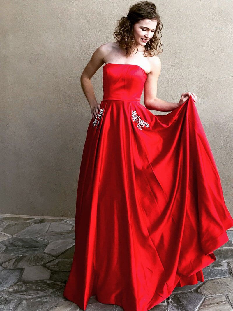 Long Prom Dresses Strapless A-line Rhinestone Long Satin Simple Prom D –  Anna PromDress