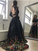 Two Piece Prom Dresses Lace Floral Print Black Prom Dress Sexy Evening Dress JKL765|Annapromdress