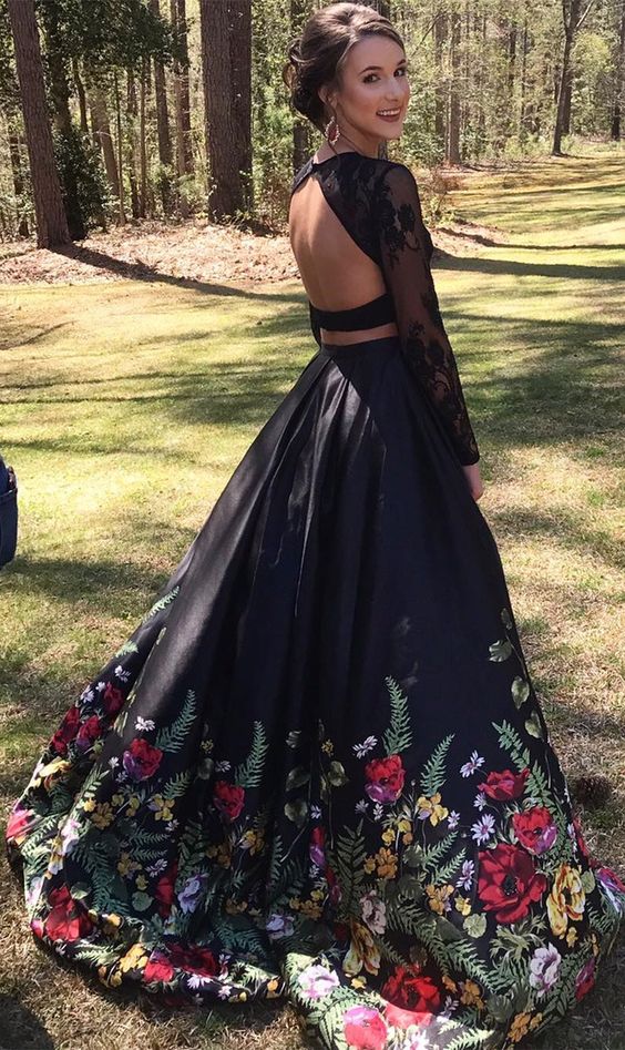 Two Piece Prom Dresses Lace Floral Print Black Prom Dress Sexy Evening Anna PromDress Two Piece Prom Dresses Lace Floral Print Black Prom Dress Sexy Evening Anna PromDress