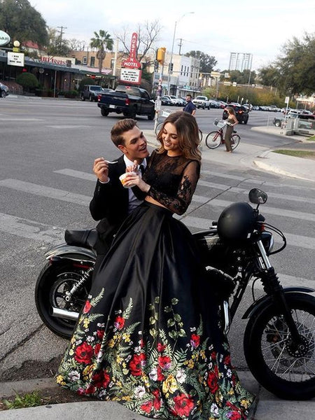 Two Piece Prom Dresses Lace Floral Print Black Prom Dress Sexy Evening Dress JKL765 