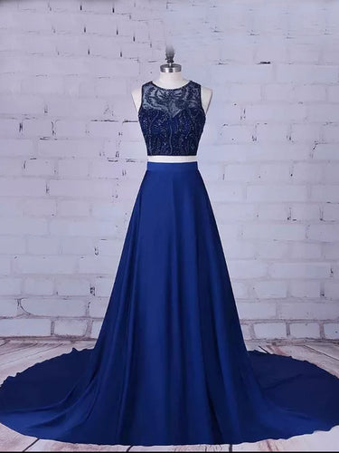 Two Piece Prom Dresses Scoop Beading A-line Sweep Train Long Prom Dress JKL766