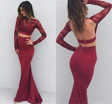 Two Piece Prom Dresses Mermaid Bateau Sexy Burgundy Prom Dress Long Evening Dress JKL767