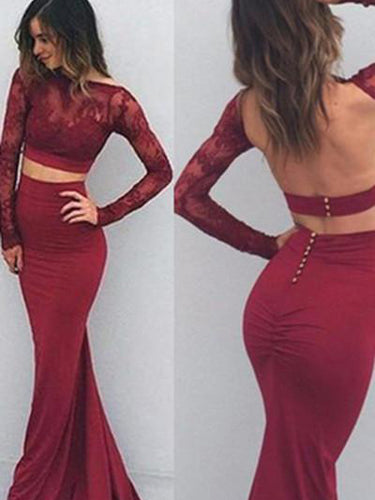 Two Piece Prom Dresses Mermaid Bateau Sexy Burgundy Prom Dress Long Evening Dress JKL767