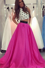 Two Piece Prom Dresses Halter Long Chic Fuchsia White Satin Prom Dress JKL768