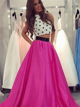 Two Piece Prom Dresses Halter Long Chic Fuchsia White Satin Prom Dress JKL768