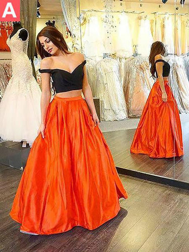 Two Piece Prom Dresses Off-the-shoulder A Line Floor-length Satin Long Prom Dress JKL769