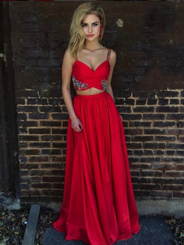 Two Piece Prom Dresses Spaghetti Straps A-line Appliques Long Red Prom Dress JKL770
