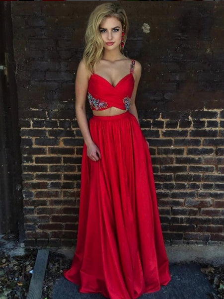 fitted lace wedding dress Two Piece Prom Dresses Spaghetti Straps A-line Appliques Long Red Prom –  Anna PromDress