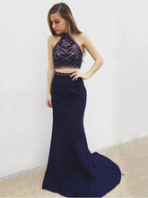 Two Piece Prom Dresses Halter Shealth Rhinestone Long Satin Sexy Prom Dress JKL771