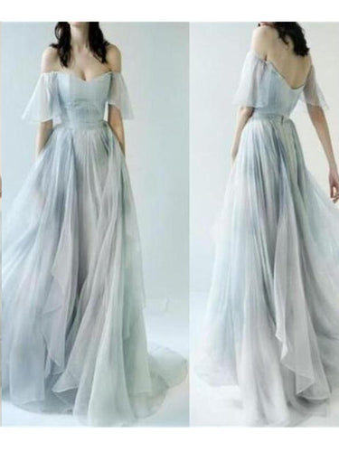 Beautiful Prom Dresses Off-the-shoulder A-line Print Flowy Chiffon Long Prom Dress JKL779|Annapromdress