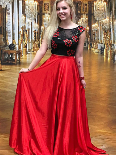 Two Piece Prom Dresses A-line Red and Black Lace Prom Dress Long Evening Dress JKL780|Annapromdress