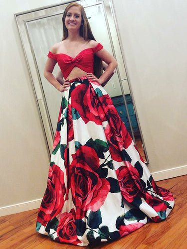 Two Piece Prom Dresses Floral Print Long Red Prom Dress Sexy Evening Dress JKL781|Annapromdress