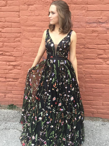 Black Prom Dresses Straps A-line Floor-length Lace Beautiful Prom Dress JKL782|Annapromdress