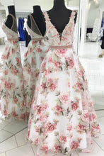 Floral Print Prom Dresses V-neck A Line Floor-length Organza Long Prom Dress JKL785|Annapromdress