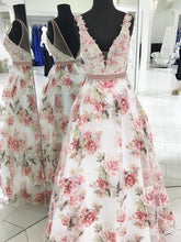 Floral Print Prom Dresses V-neck A Line Floor-length Organza Long Prom Dress JKL785|Annapromdress