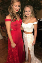 Red Prom Dresses Off-the-shoulder Sheath Lace Long Slit Prom Dress JKL786|Annapromdress