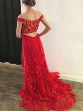 Red Prom Dresses Off-the-shoulder Sheath Lace Long Slit Prom Dress JKL786|Annapromdress