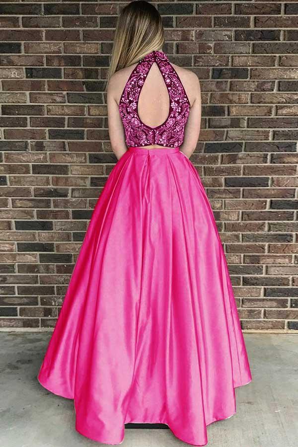 fuchsia two piece prom dress Two Piece High Neck Open Back Satin Prom Dress with Beading US2 / Custom Color