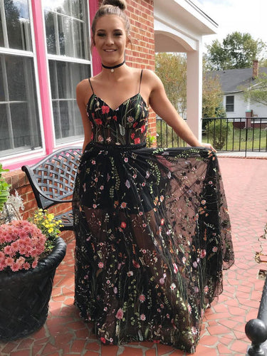 Black Prom Dresses Spaghetti Straps Floor-length Sexy Long Lace Prom Dress JKL793|Annapromdress
