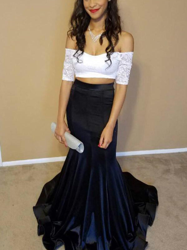 open lace back dress Two Piece Prom Dresses Off-the-shoulder White and Black Prom Dress Lon –  Anna PromDress