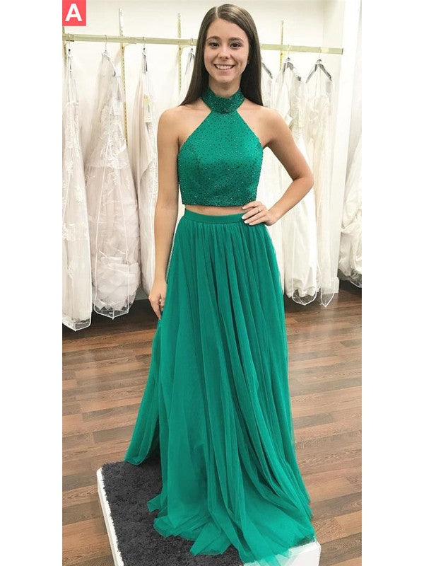 Two Piece Prom Dresses High Neck Aline Floorlength Beautiful Prom Dr