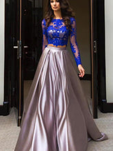 Two Piece Prom Dresses Scoop Sweep Train Ball Gown Satin Long Prom Dress JKL798|Annapromdress