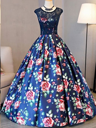 Ball Gown Prom Dresses Scoop Lace Floral Print Floor-length Chic Prom Dress JKL805|Annapromdress