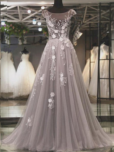 Beautiful Prom Dresses Scoop Lace Sweep Train Tulle Long Prom Dress JKL807|Annapromdress