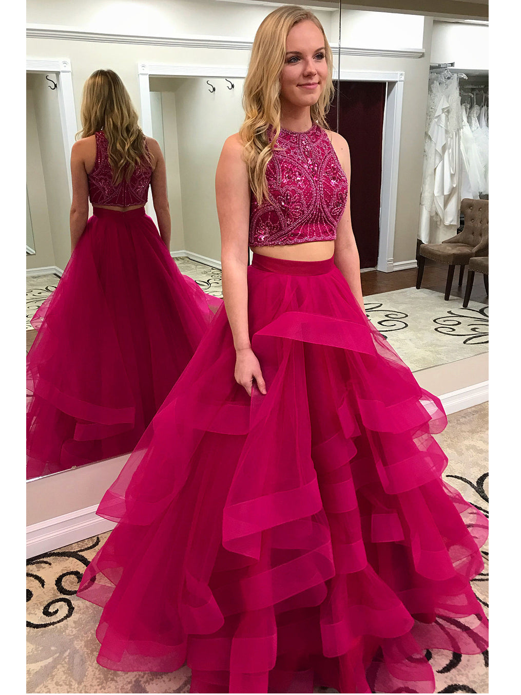Two Piece Prom Dresses Scoop Beading Sexy Rhinestone Long Chic Prom Dr ...