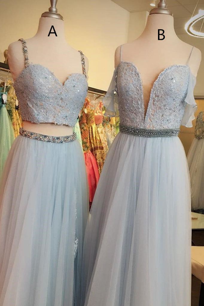 Two Piece A Line Strap Pleats Satin Prom Dress LBQ0439 main image 1