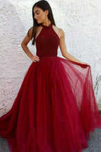 Burgundy Prom Dresses Halter Beading Floor-length A Line Long Prom Dress JKL818|Annapromdress