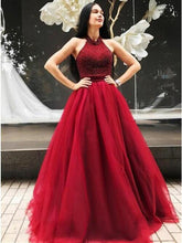 Burgundy Prom Dresses Halter Beading Floor-length A Line Long Prom Dress JKL818|Annapromdress