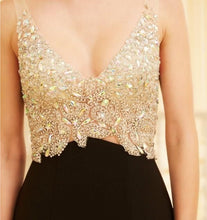 Black Prom Dresses V-neck Shealth Rhinestone Long Jersey Slit Prom Dress JKL821|Annapromdress