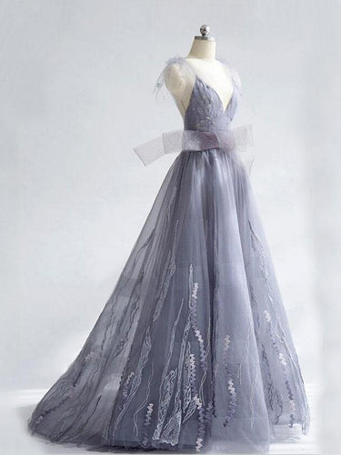 Fairy Prom Dresses V-neck Sweep Train Long Beautiful Lace Prom Dress JKL829|Annapromdress