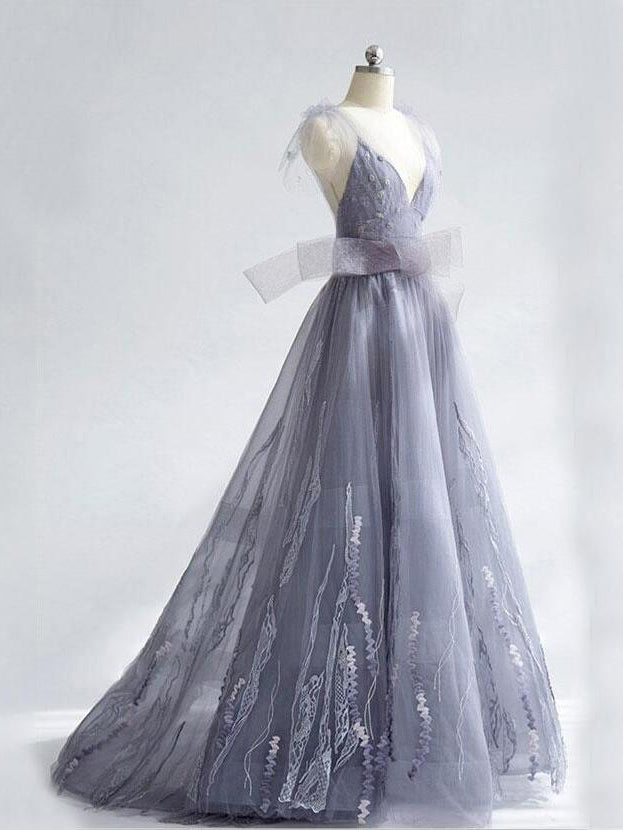 Fairy Prom Dresses V-neck Sweep Train Long Beautiful Lace Prom Dress J –  Anna PromDress