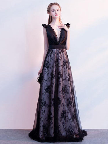 Black Prom Dresses V-neck Floor-length Sexy Long Lace Prom Dress JKL830|Annapromdress