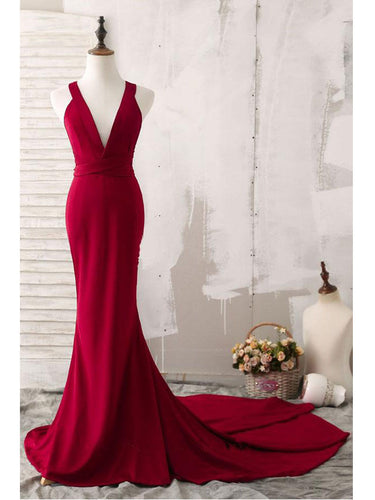 Burgundy Prom Dresses Trumpet/Mermaid V-neck Sexy Prom Dress Long Evening Dress JKL831|Annapromdress