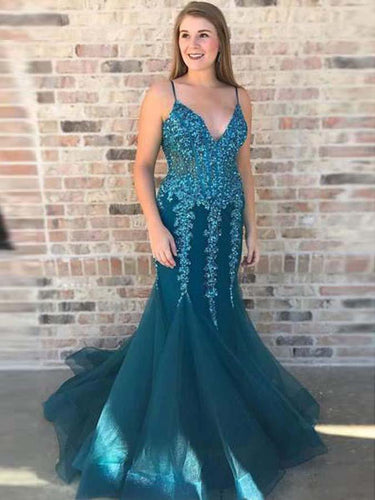 Mermaid Prom Dresses Spaghetti Straps Trumpet Long Tulle Prom Dress JKL836|Annapromdress