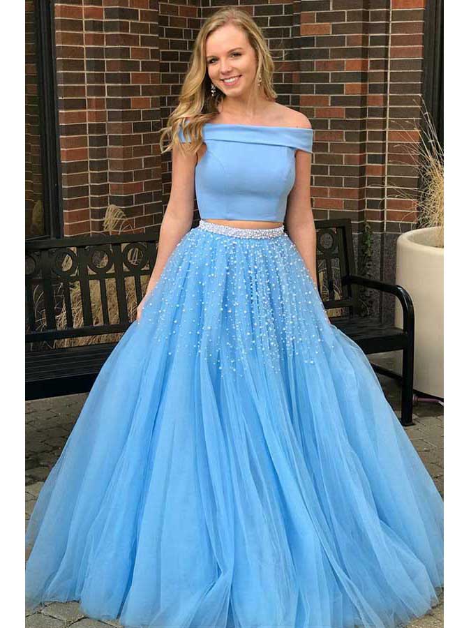 Two Piece Prom Dresses Off-the-shoulder A-line Long Chic Prom Dress JK Anna PromDress Two Piece Prom Dresses Off-the-shoulder A-line Long Chic Prom Dress JK Anna PromDress