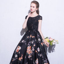 Black Prom Dresses Scoop A-line Floral Print Sexy Long Lace Prom Dress JKL844|Annapromdress
