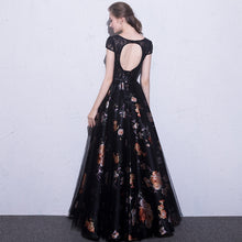 Black Prom Dresses Scoop A-line Floral Print Sexy Long Lace Prom Dress JKL844|Annapromdress
